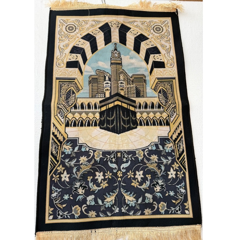 Islamic Prayer Rug Janamaz Kaaba Makkah Clock Tower Black Gold Fringe Non-Slip
